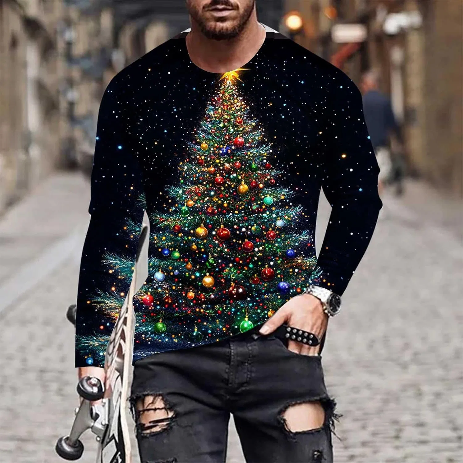 Футболка с длинным рукавом Big and Tall Ugly Xmas Tree для мужчин, пуловер, свитшот для вечеринки, размеры S-4XL Generic, темно-серый — фото 2