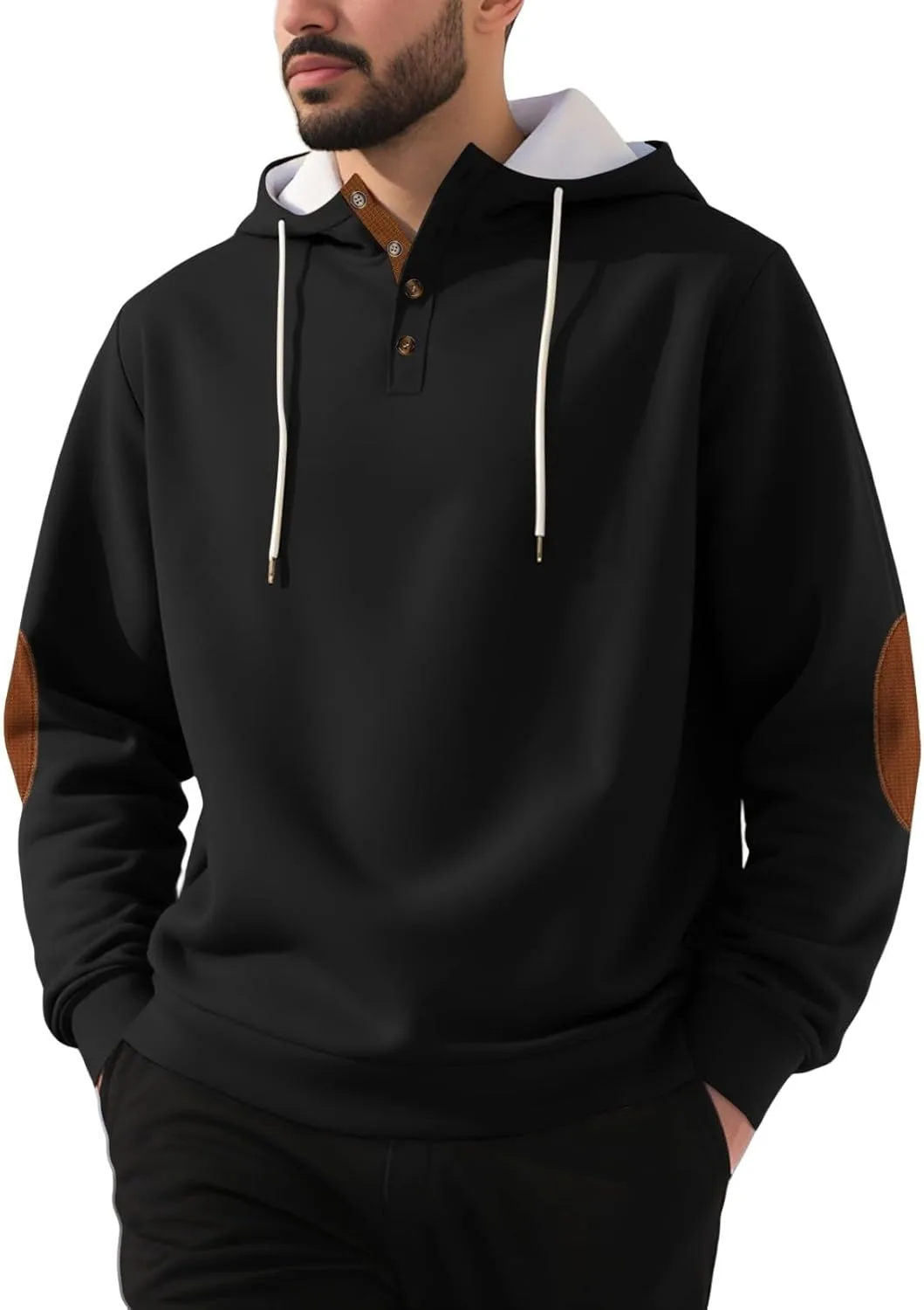 

Мужской флисовый худи с капюшоном на пуговицах и заплатками на локтях