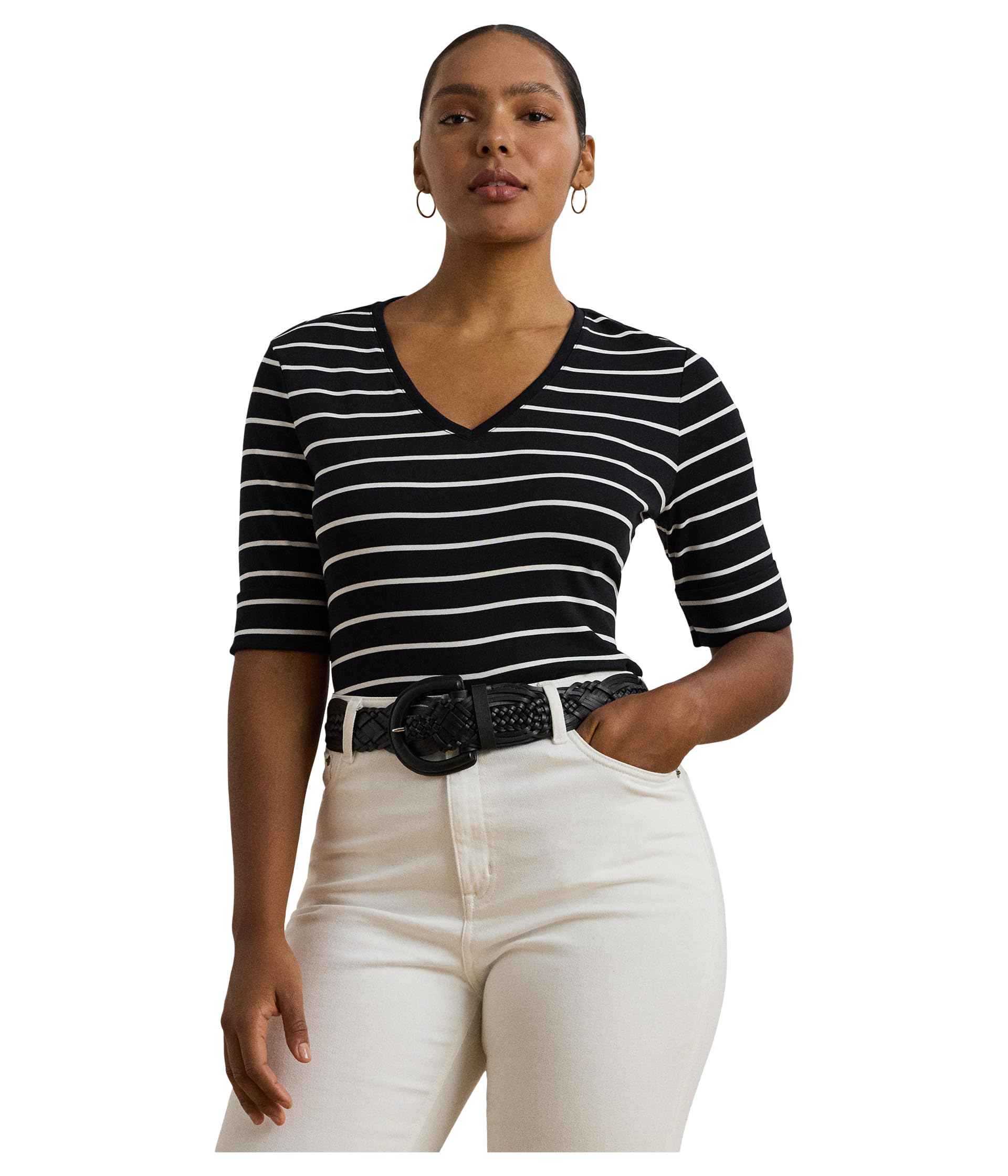 

Футболка Lauren Ralph Lauren Plus Size Striped Cotton Elbow-Sleeve V-Neck Tee, черный/белый