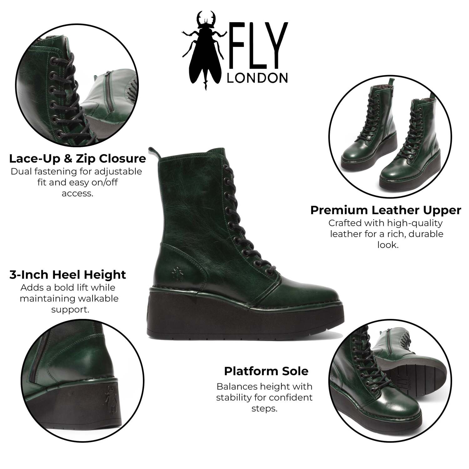 Женские ботинки Fly London HAIT273 на шнуровке с массивной платформой, цвет Petrol Green — фото 2