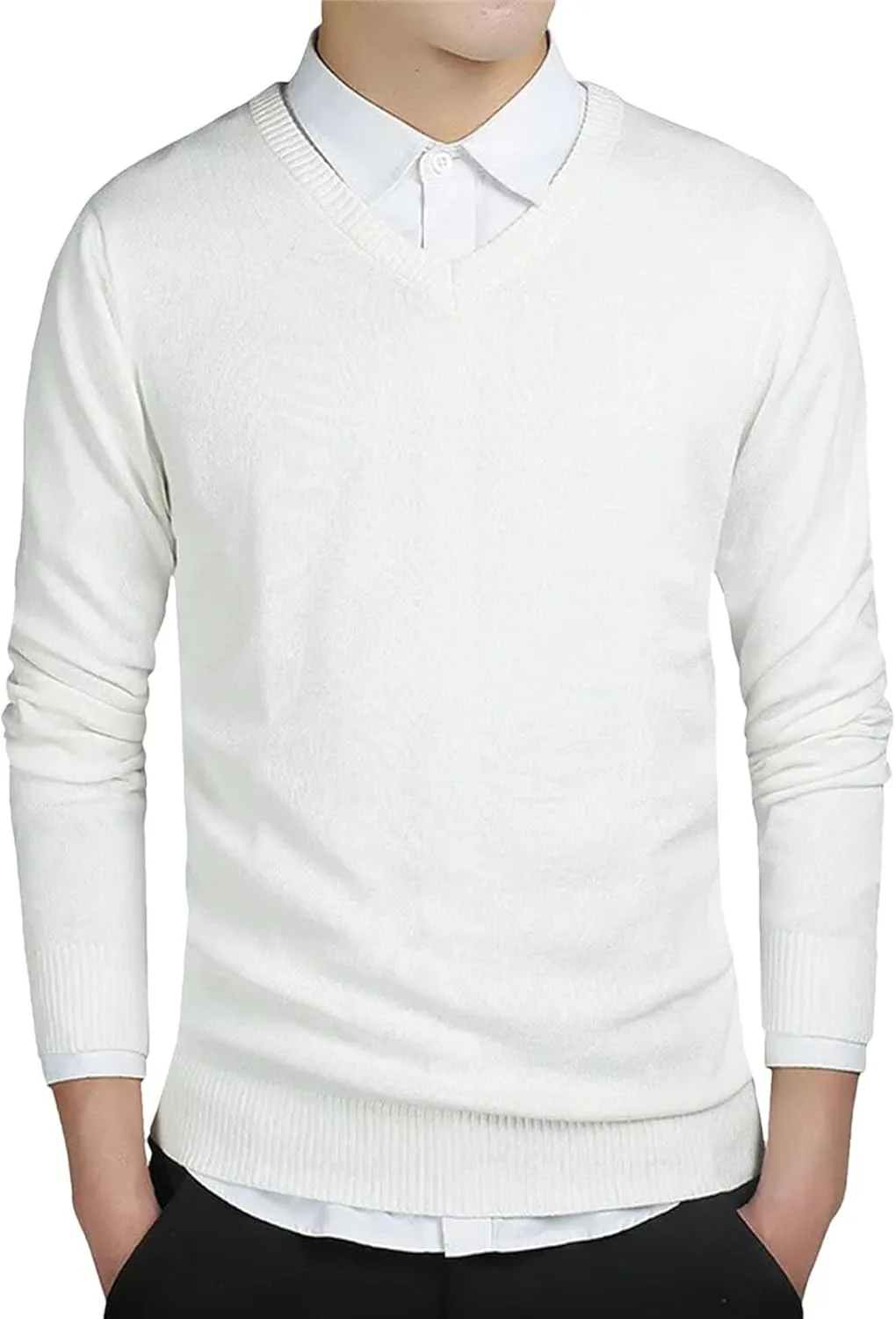 

Мужской зимний пуловер V-образный вырез однотонный вязаный slim fit