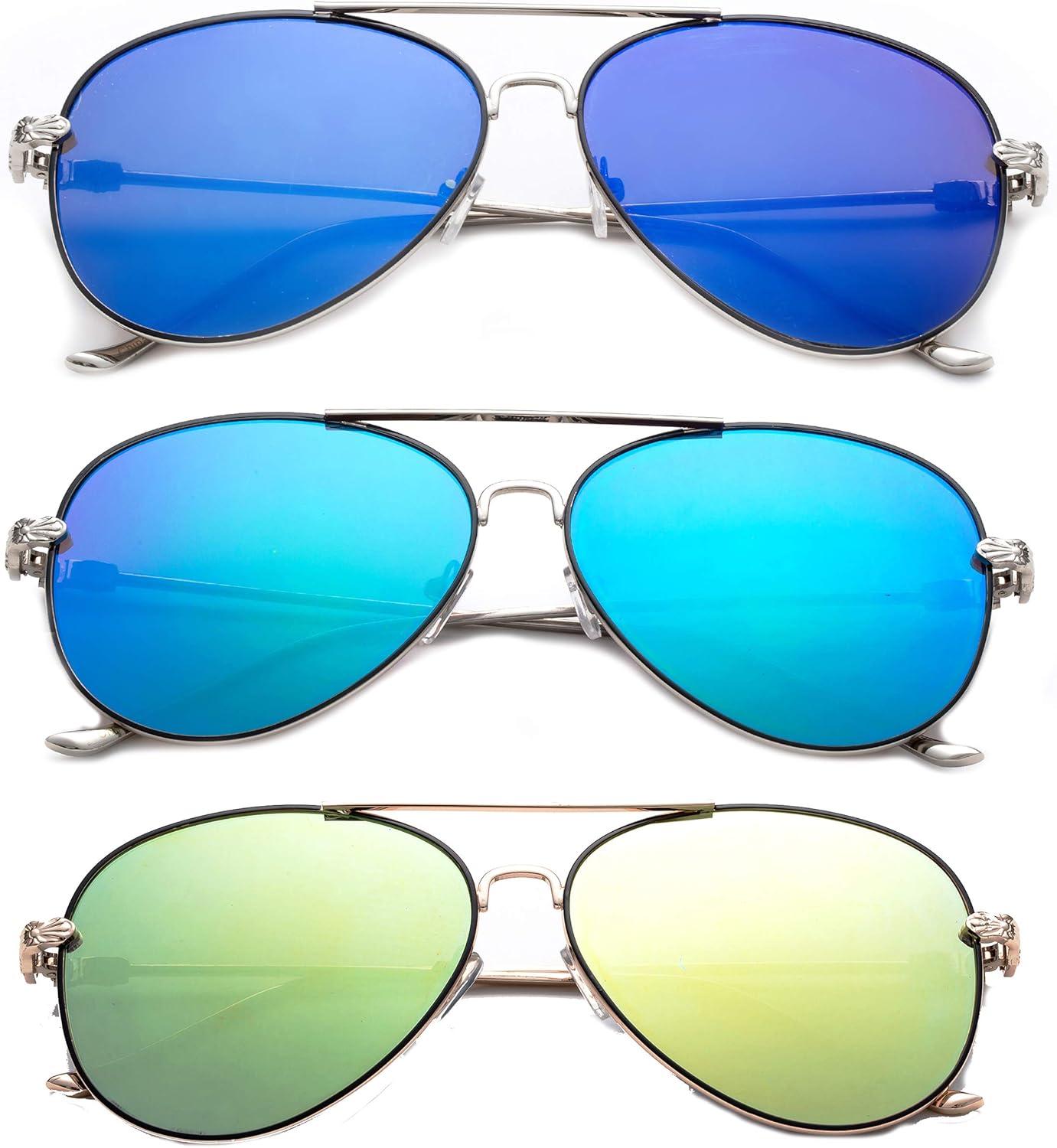 

Набор из 3 солнцезащитных очков-авиаторов Newbee Fashion в металлической оправе для мужчин и женщин, плоские линзы с защитой от УФ-излучения UV400, цельнометаллические дужки, 3 Pack Blue, Green & Yellow