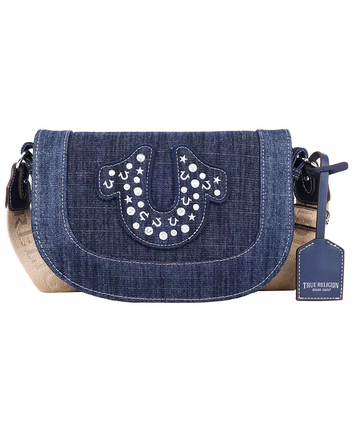 

Сумка-клатч из денима с декоративными шипами и подвеской в виде подковы True Religion, синий