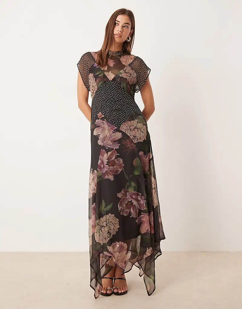 

Платье миди ASOS DESIGN с высоким воротом, рукавами-крылышками и разноцветным принтом