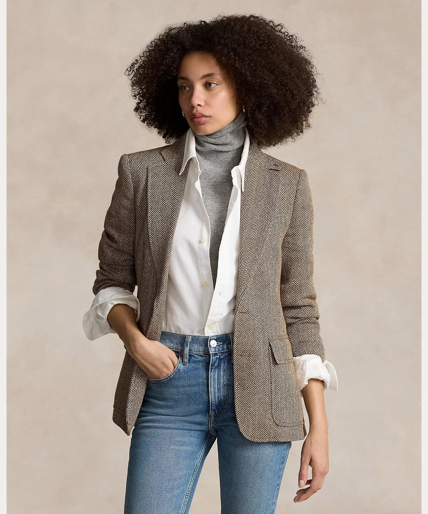 Блейзер из льняной смеси в елочку Polo Ralph Lauren, 101 Natural