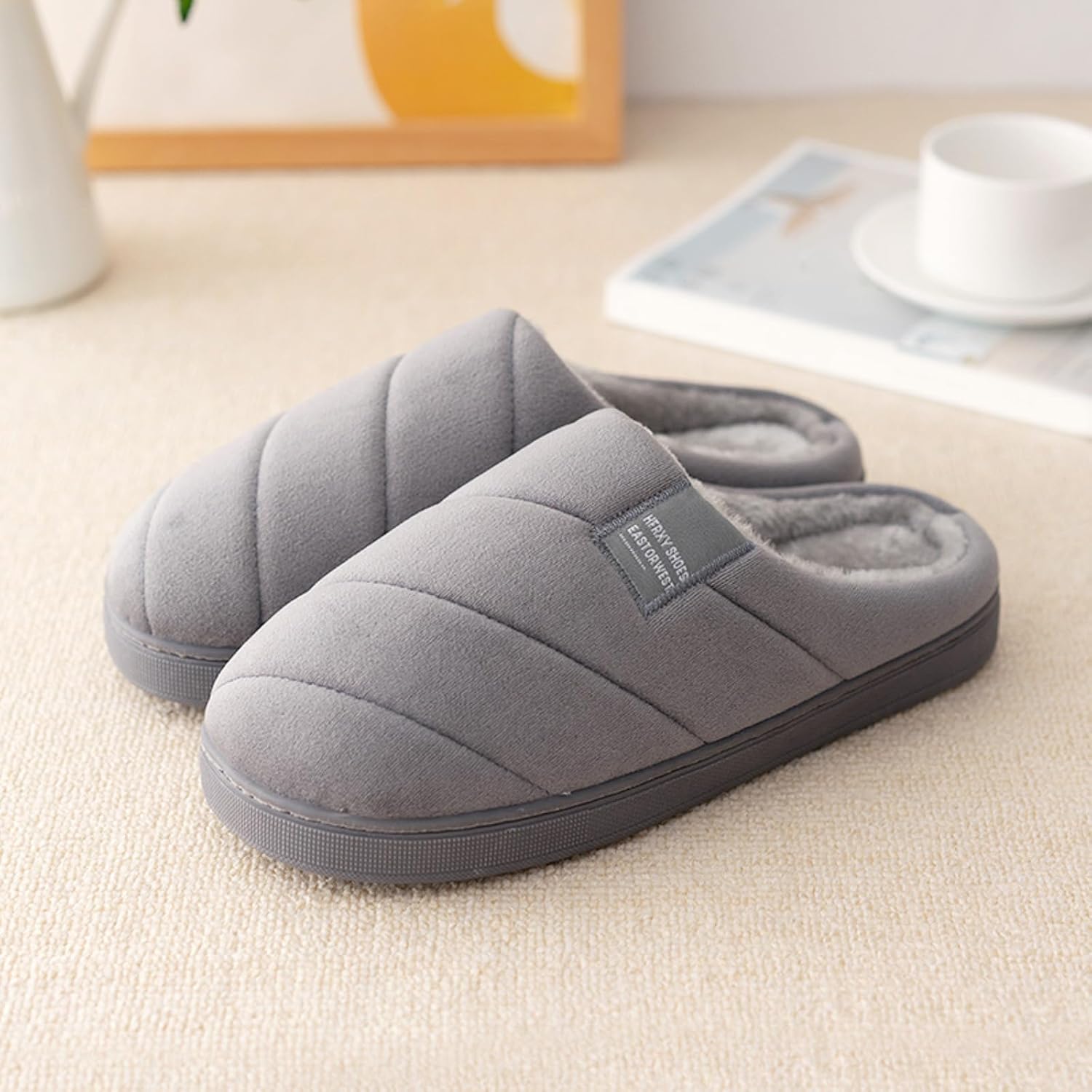 Тапочки JYSwoshoe с ворсом для женщин и мужчин, удобные домашние тапочки с памятью формы, мягкие плюшевые, теплые тапочки для дома и улицы, темно-серый — фото 2
