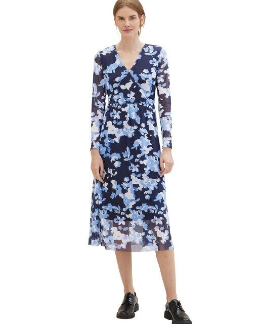 

Платье миди с длинными рукавами и принтом Tom Tailor, темно-синий