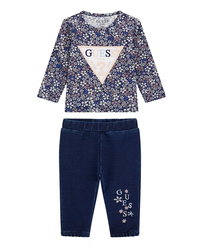

Комплект для девочек: футболка с длинным рукавом и трикотажные джинсовые брюки Guess, синий