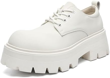 

Мужские кожаные туфли на платформе оксфорды - классический круглый носок, шнуровка, деловые туфли - комфортная противоскользящая подошва, массивный каблук, туфли дерби для увеличения роста Zghnp, белый