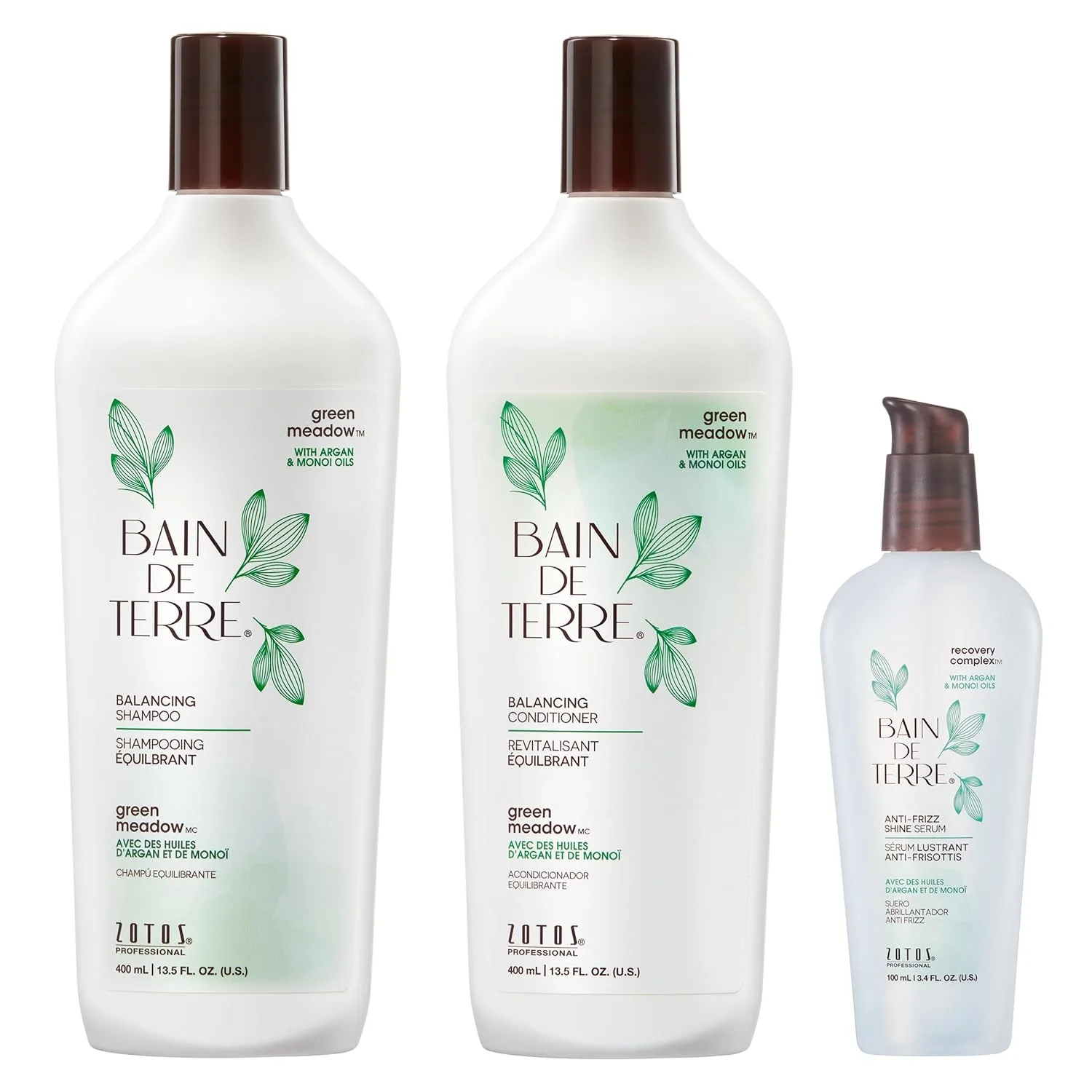 Кондиционер Bain de Terre Green Meadow Balancing для мягких, шелковистых и упругих волос с аргановым и монои маслами, без парабенов, для окрашенных волос, веганский (2 размера) 399/100 мл (3 шт.), Green