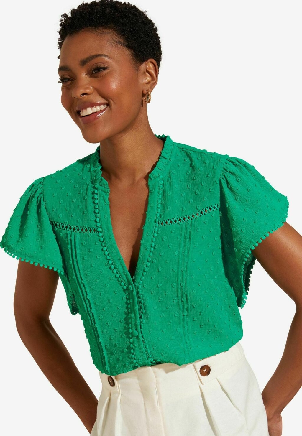 

Блузка на пуговицах DOBBY SPOT RUFFLE V NECK FLUTTER SLEEVE REGULAR FIT Love & Roses, зеленый