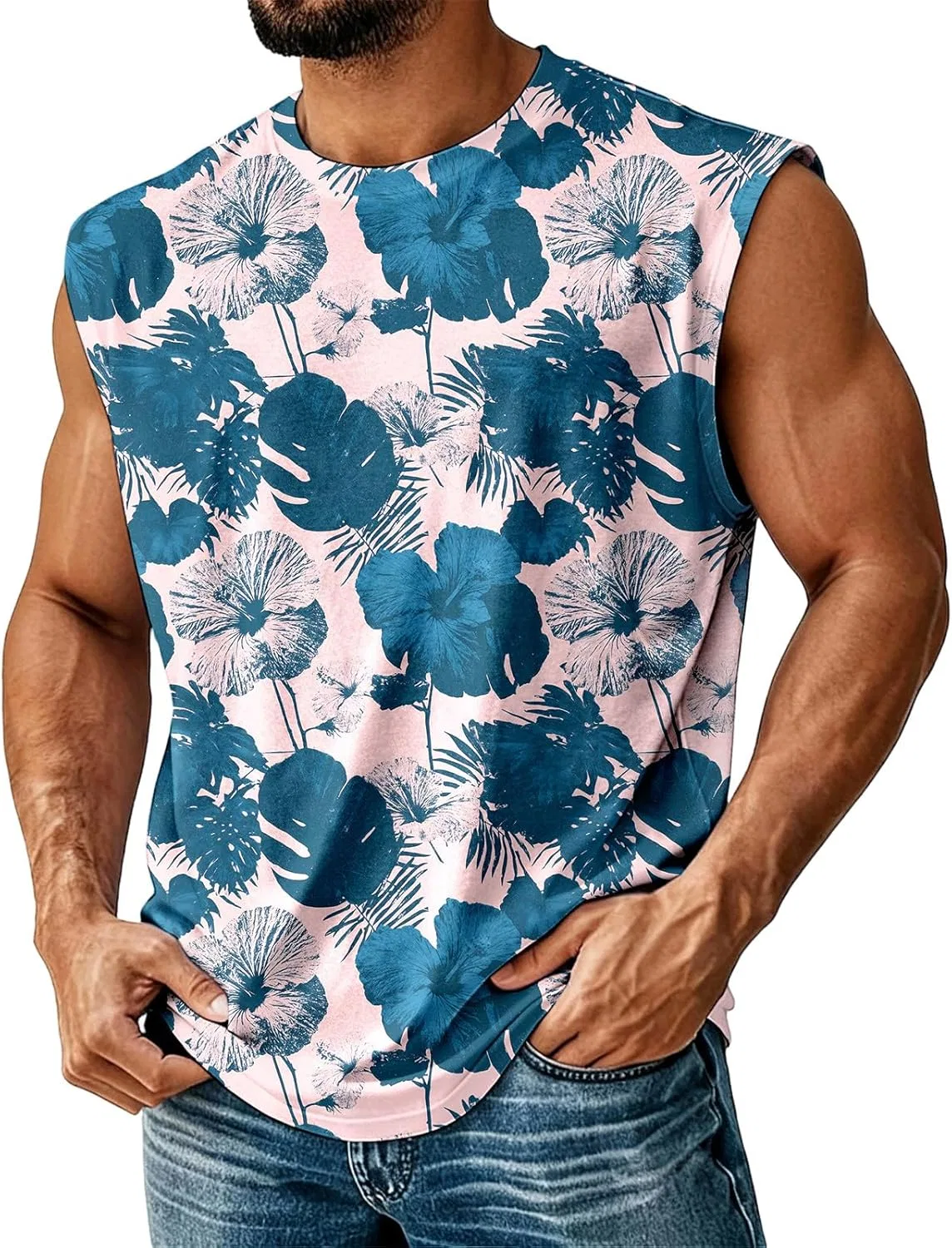 Мужской топ с цветочным принтом, Hibiscus Floral, A Blue Hibiscus