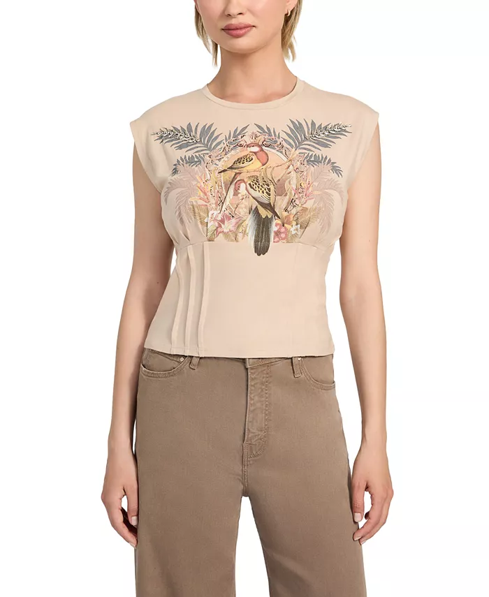 

Женская футболка с принтом попугайчиков и корсетным поясом Parakeet Graphic Print Corset-Waist T-Shirt GUESS, слоновая кость/кремовый