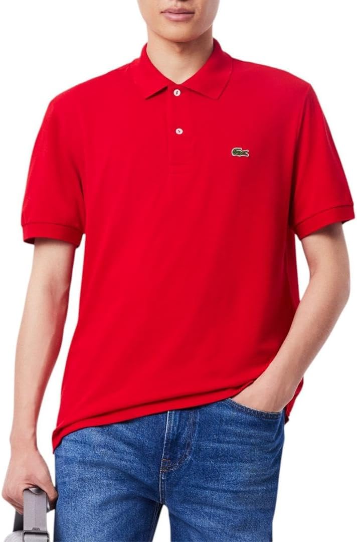 Поло Lacoste, мужское, классическое, для повседневной носки, светлый/красный