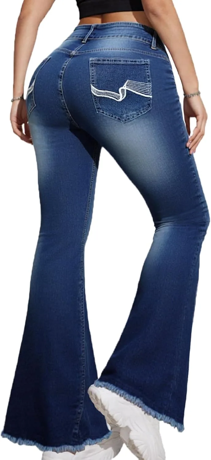 

Cuyulitcik расклешенные джинсы для женщин с высокой талией и вышивкой QERINTE