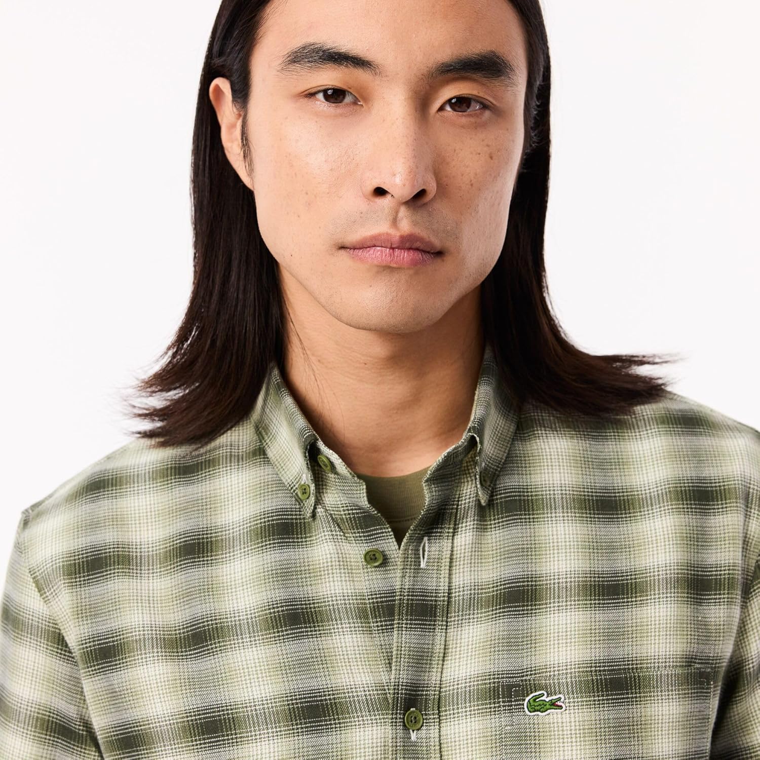 Lacoste мужская длинная рубашка в клетку Gingham на пуговицах, Khaki Medium Check — фото 2