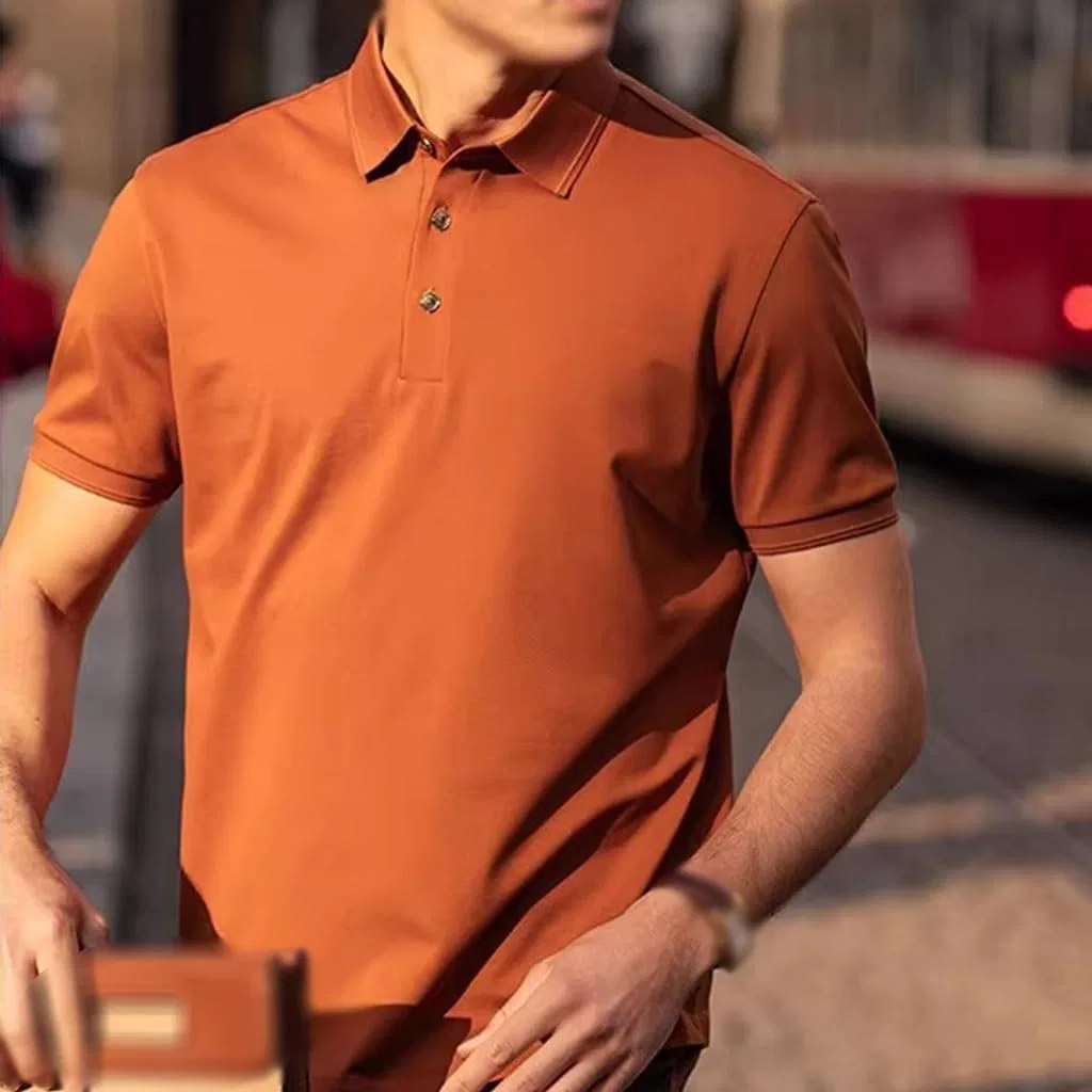 Мужская поло, slim fit, хлопок/полиэстер/шелк/спандекс, коричневый — фото 3