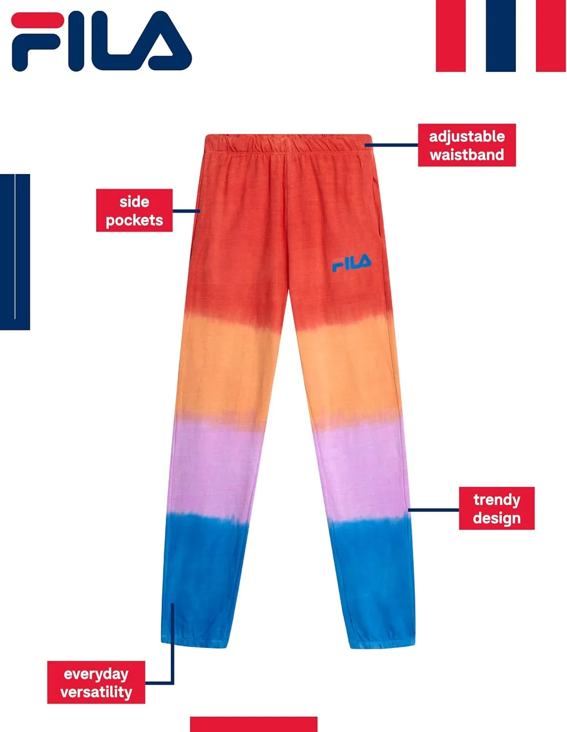 Спортивные штаны Fila для девочек - мягкие хлопковые спортивные штаны для девочек с завязками на поясе и карманами - модные детские джоггеры, Multi Dip Dye — фото 3