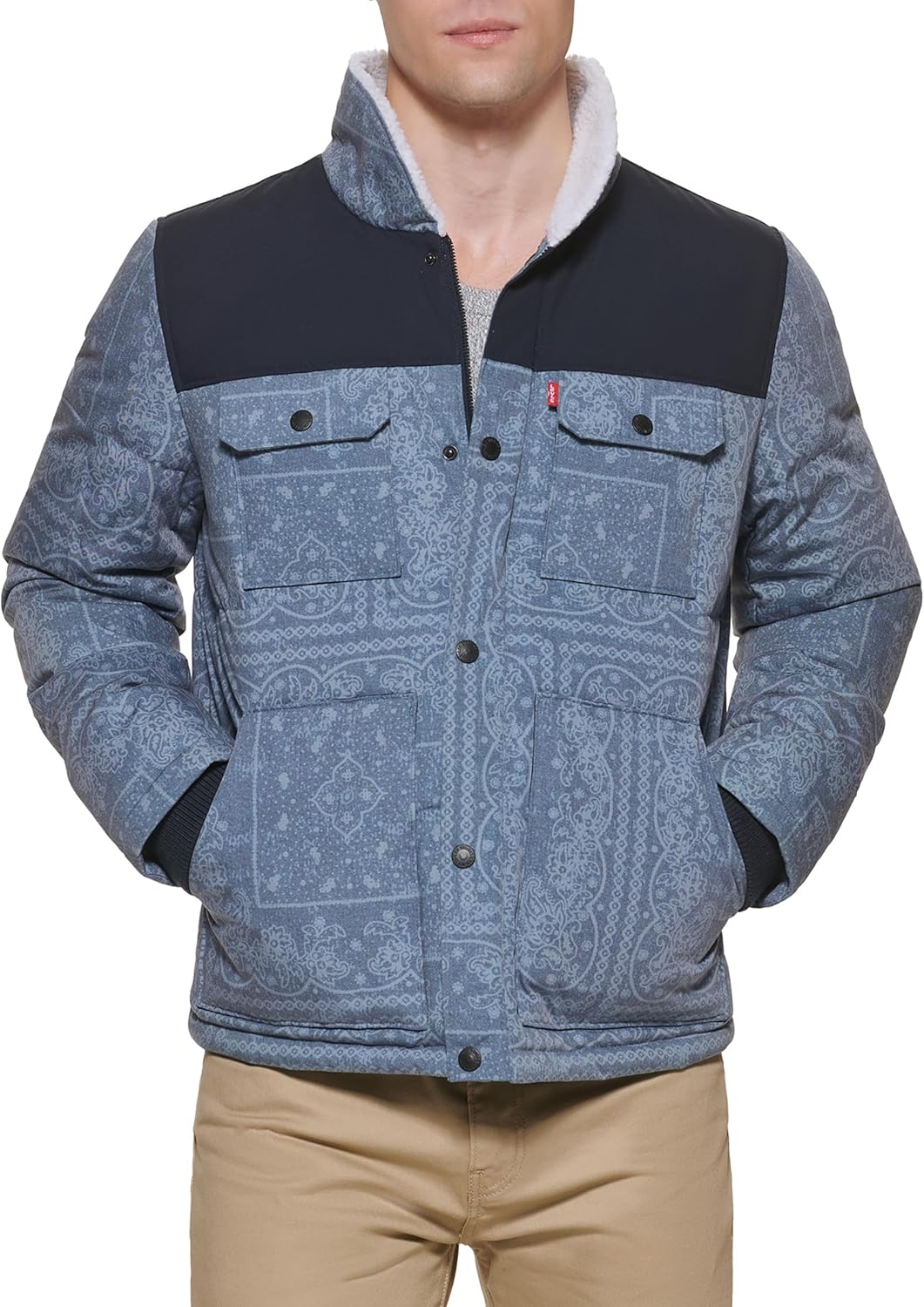 

Мужская стеганая куртка Levi's из комбинированной ткани с воротником на подкладке из шерпы (стандартные размеры, а также размеры для больших и высоких женщин), Faded Blue Bandana