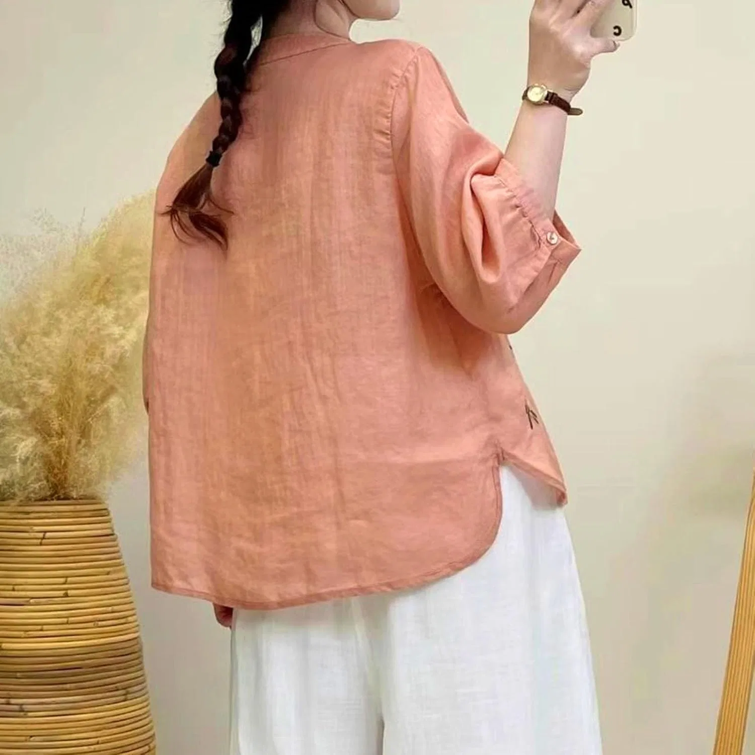Блуза, легкая, женская, из коллекции Womens linen Shirts, красная — фото 3