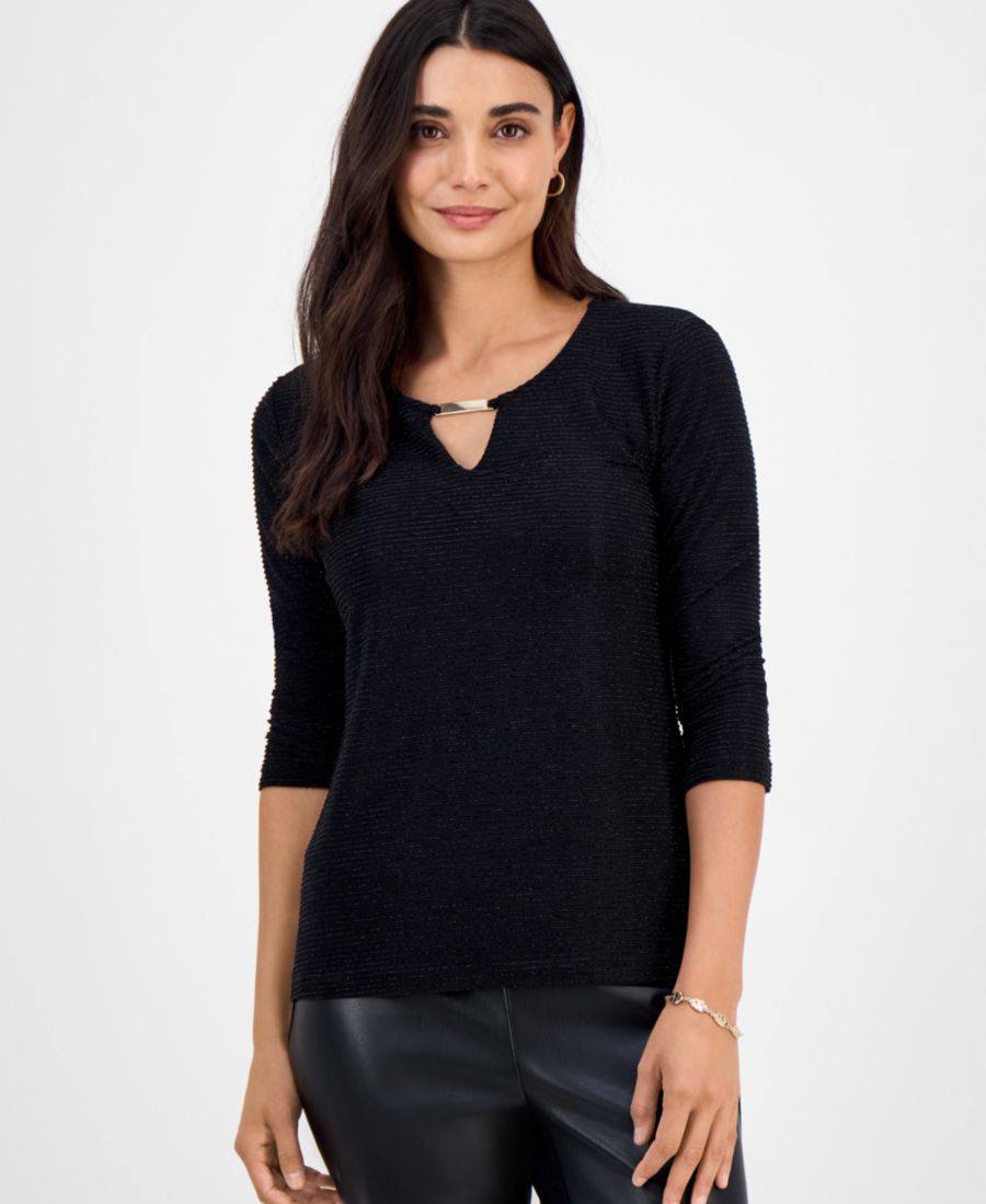 

Топ Petite Shine Stripe Jacquard Keyhole Top, эксклюзивно представлен в Macy's JM Collection, Deep Black Combo