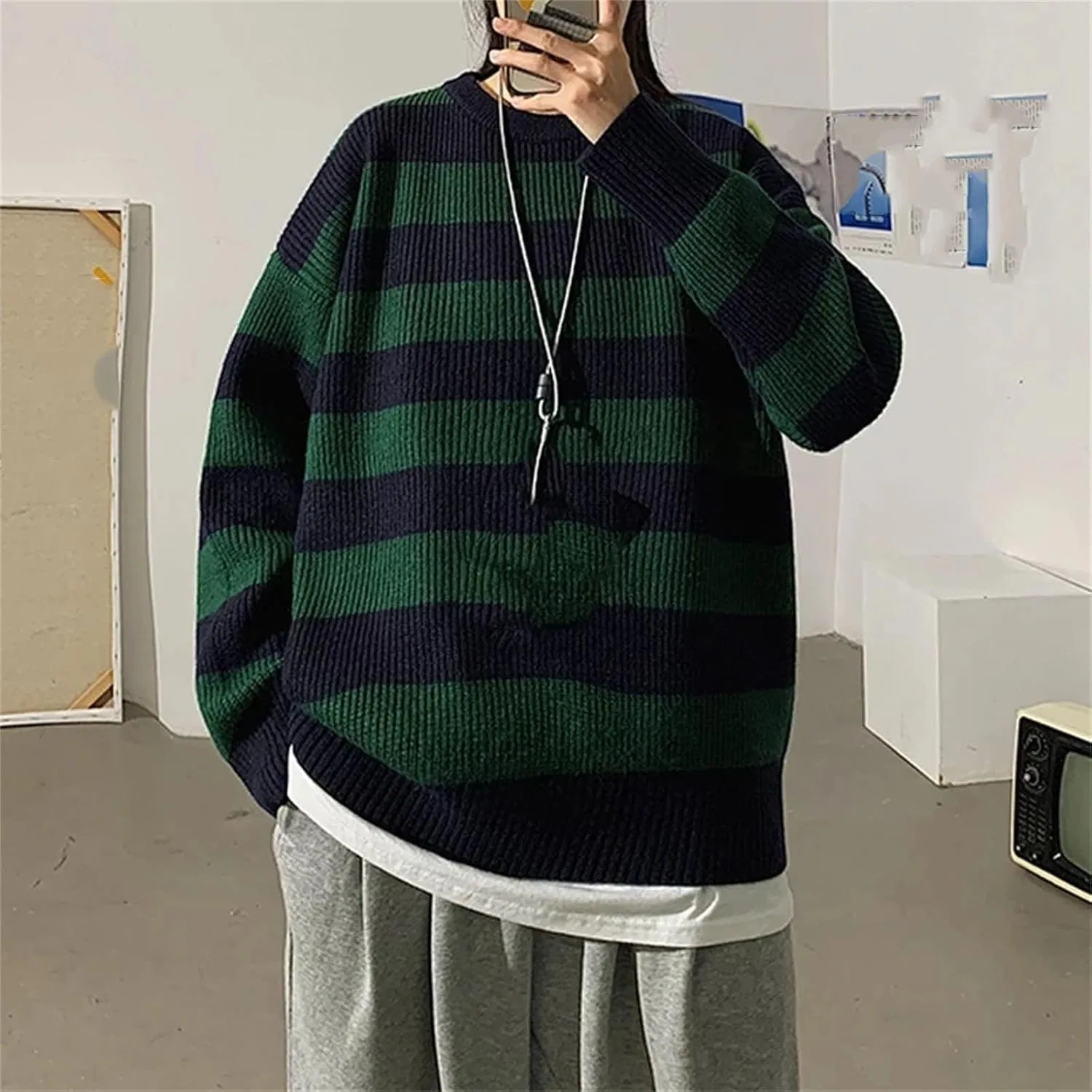 Generic Мужской полосатый вязаный свитер Vintage Loose Green теплый джемпер пуловер Casual — фото 2