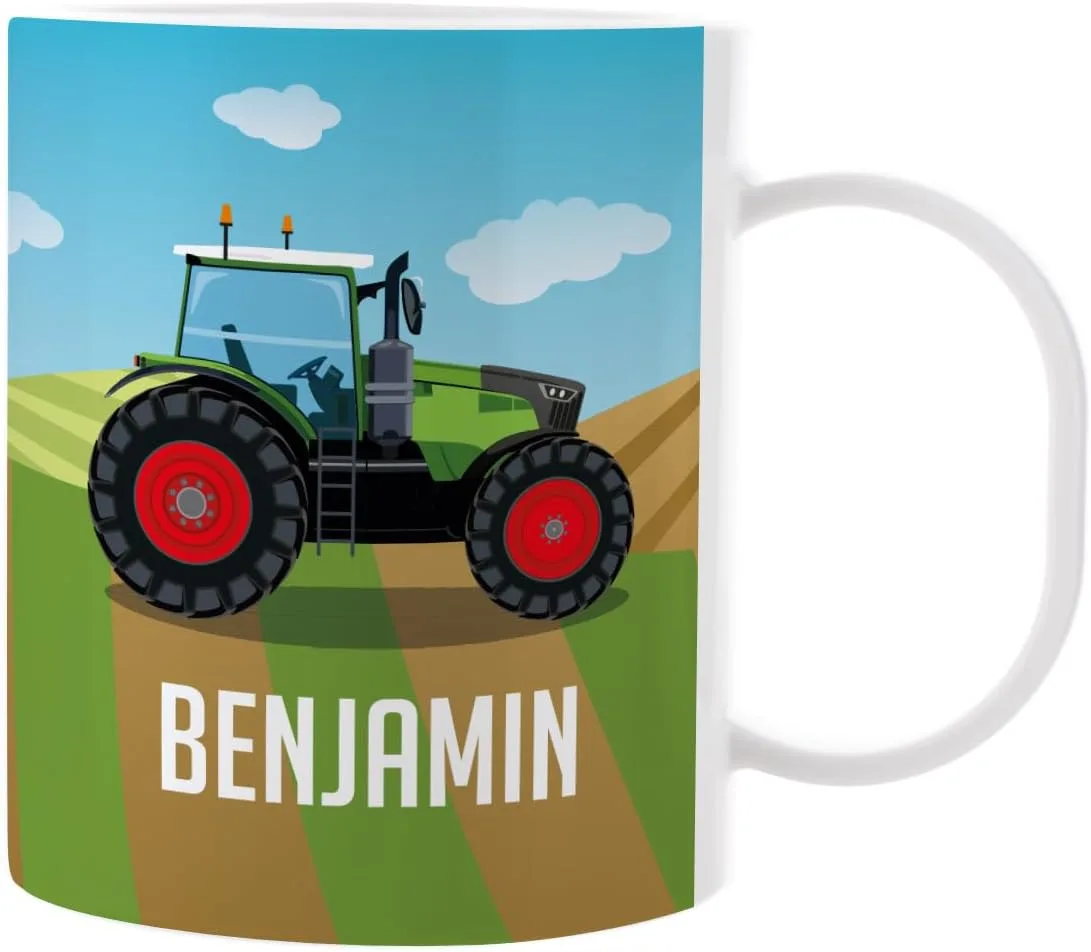 Детская кружка с именем для мальчиков Striefchen Plastic – дизайн Tractor Green