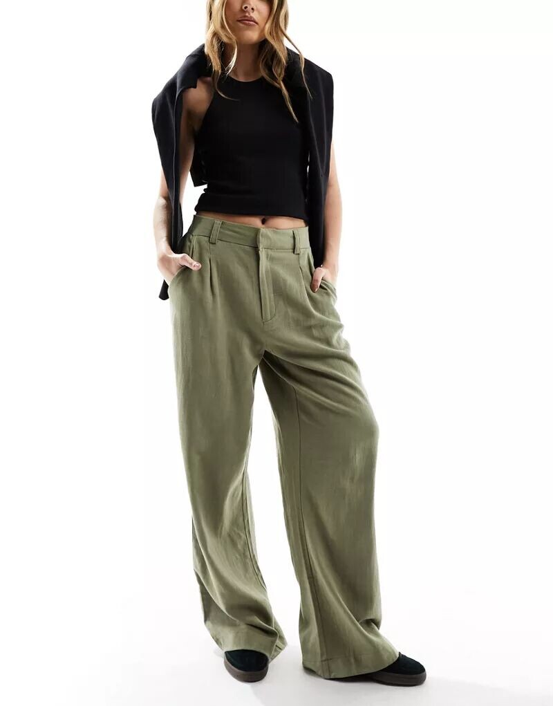 

Оливковые льняные брюки широкого кроя ASOS