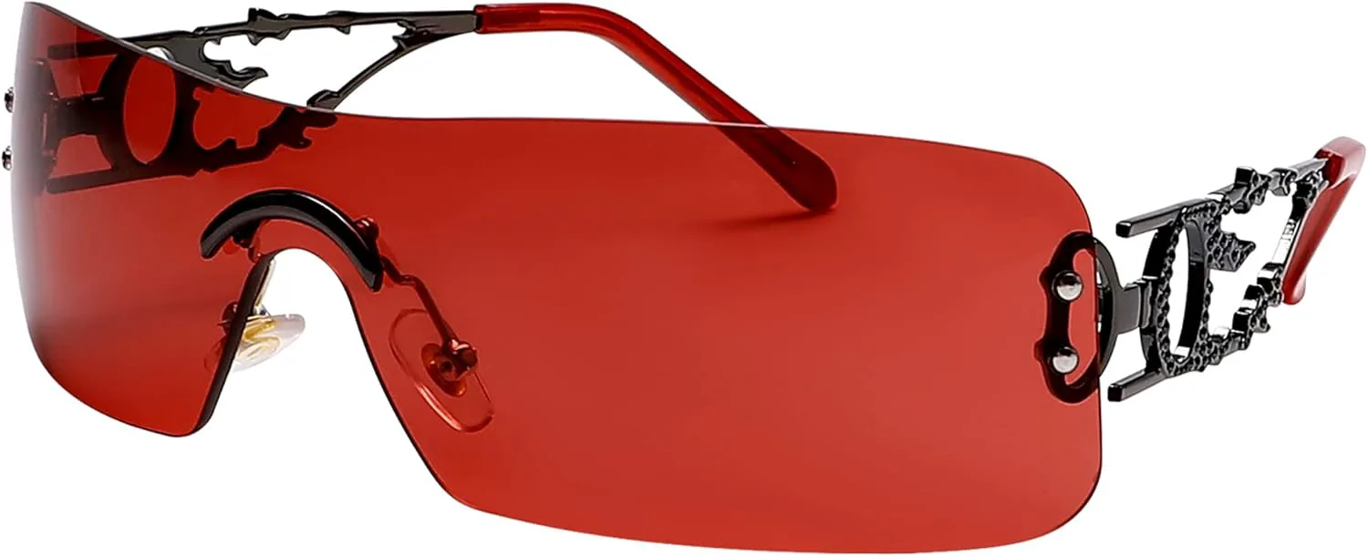 

Солнцезащитные очки Y2k без оправы для женщин и мужчин, прямоугольные, винтажные, модные, с металлическим блеском, без оправы, в стиле ретро SENMARIES, Dark Red