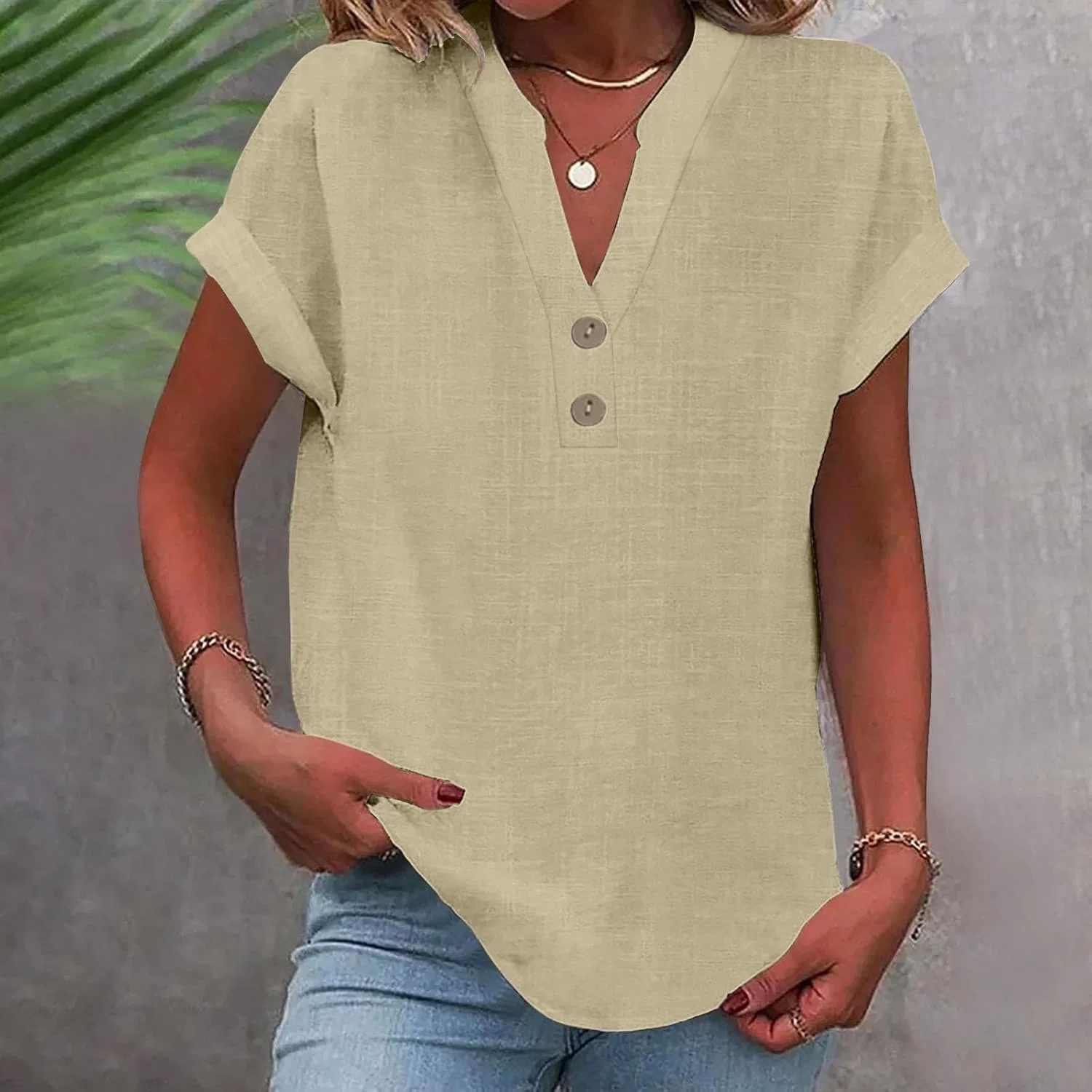 Блуза с коротким рукавом, V-образным вырезом, из льна с хлопком, 5#khaki — фото 2