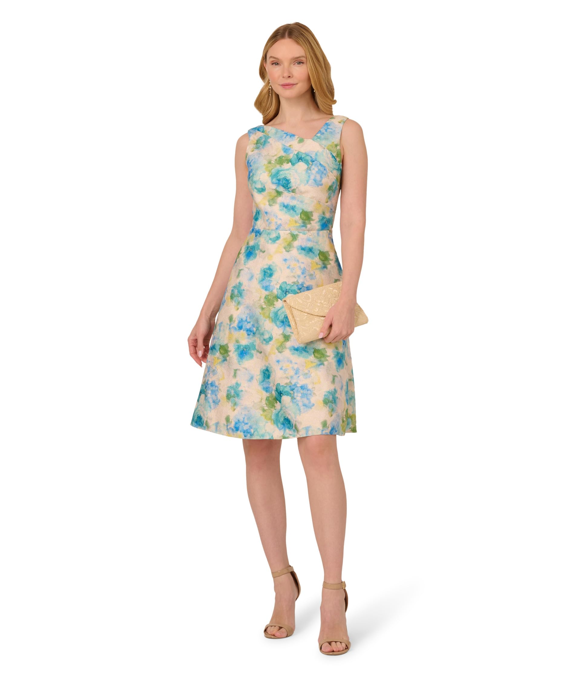 

Платье Adrianna Papell Asymmetrical Jacquard Midi Dress, цвет Ivory/Blue Multi