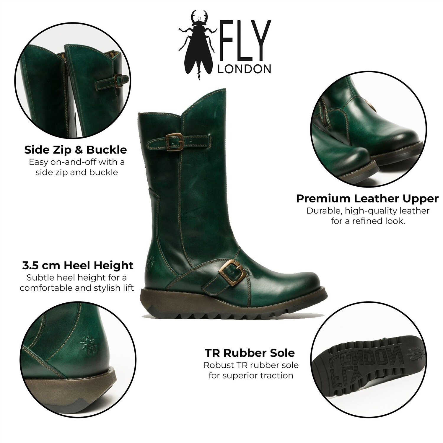 Ботинки на платформе mes 2 с пряжкой на танкетке и молнией из кожи Fly London, зеленый — фото 2