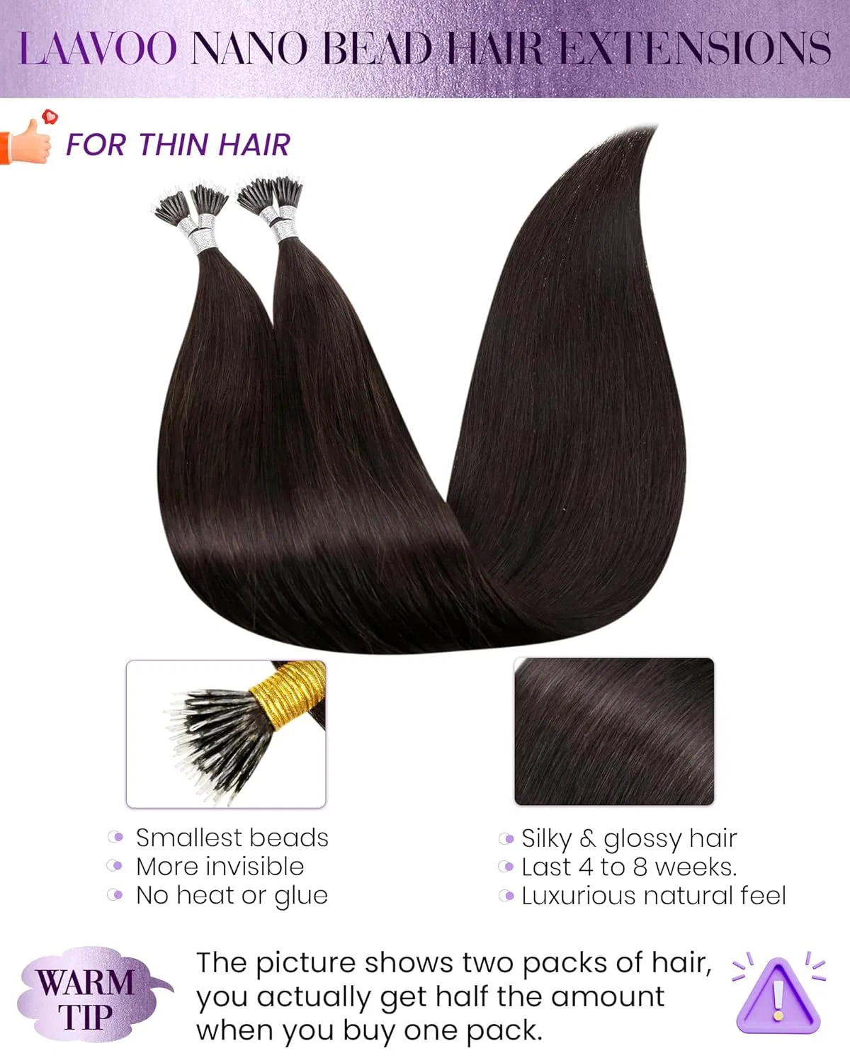 Нано-наращивание волос LaaVoo Real Hair Extensions, 45 см, темно-русый, 50 г Laavoo — фото 2