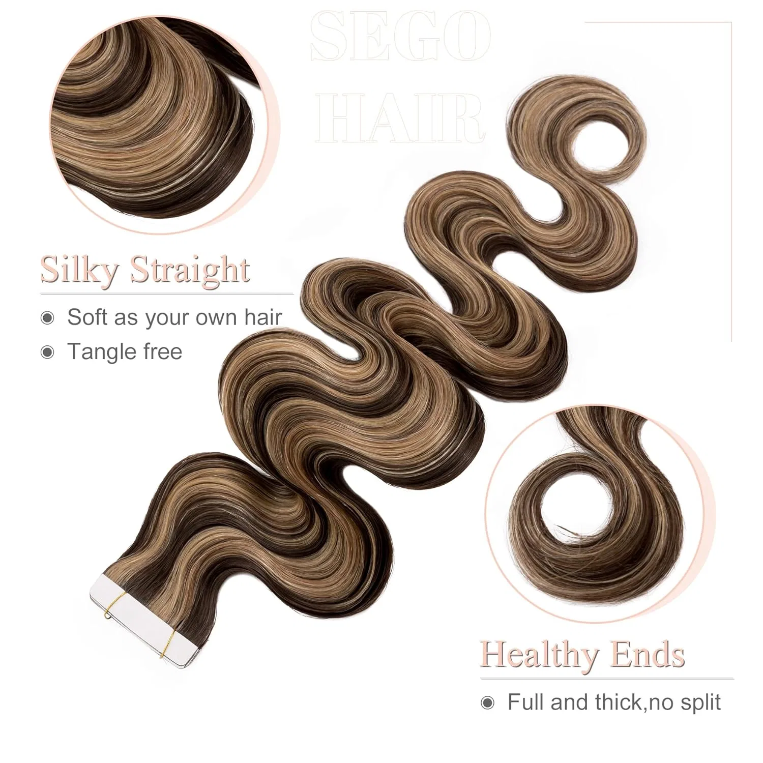 Волнистые накладные волосы на лентах SEGO из натуральных волос Sego, Medium Brown/Honey Blonde #4P27 Natural Waves — фото 4