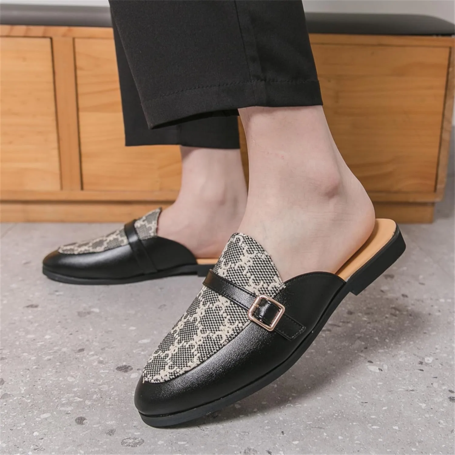 Мужские мюли с принтом, тканевые, с металлической пряжкой, Loafers Slip On, круглый носок, плоский каблук, легкие, повседневные, черные JSDWNDO — фото 2