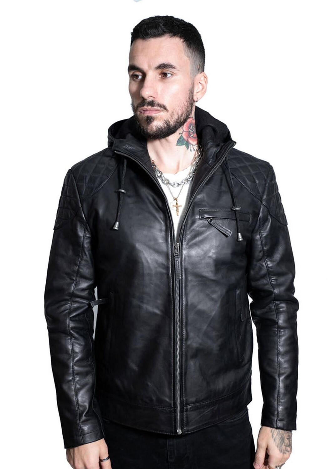 

Кожаный бомбер с капюшоном в стиле ретро-Zaria Infinity Leather, черный