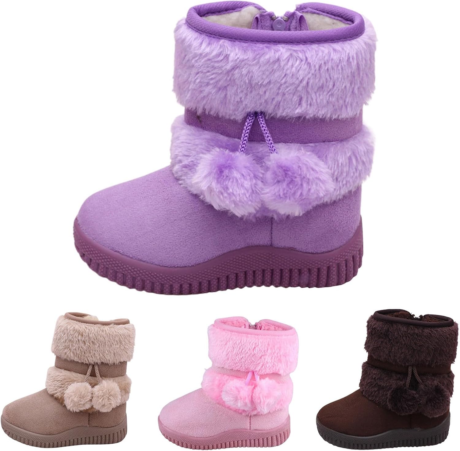 

Детские зимние сапоги для девочек с искусственным мехом, противоскользящие зимние ботинки для улицы, комфортные ботильоны с мягким мехом, теплые обувь с пушистым помпоном Generic, A01 Beige