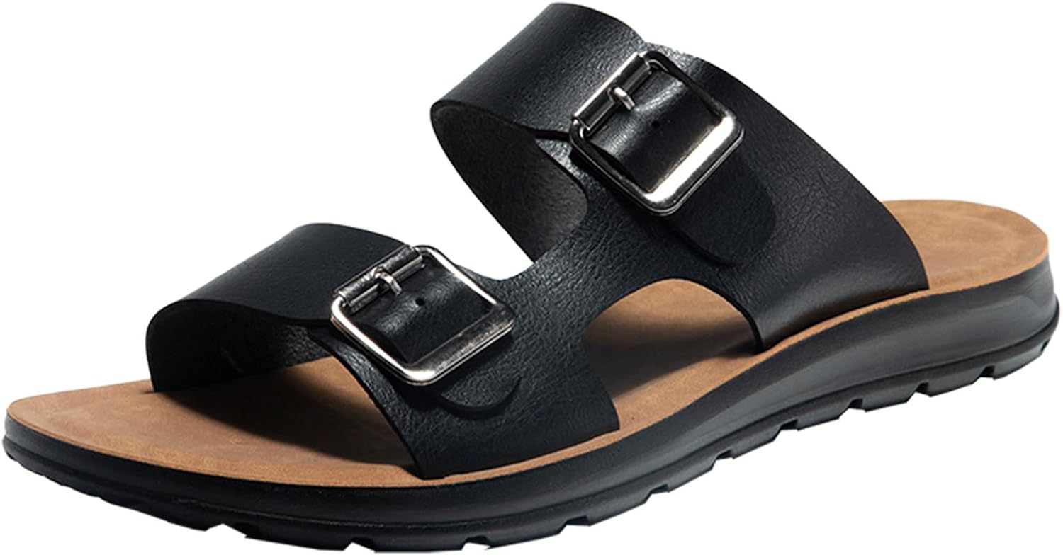 

Мужские кожаные сандалии EGDK с эластичной посадкой, ретро дизайн с двумя ремешками и пряжками, противоскользящая подошва, удобные повседневные шлепанцы для прогулок, пляжа, дома и улицы Eggdk, черный