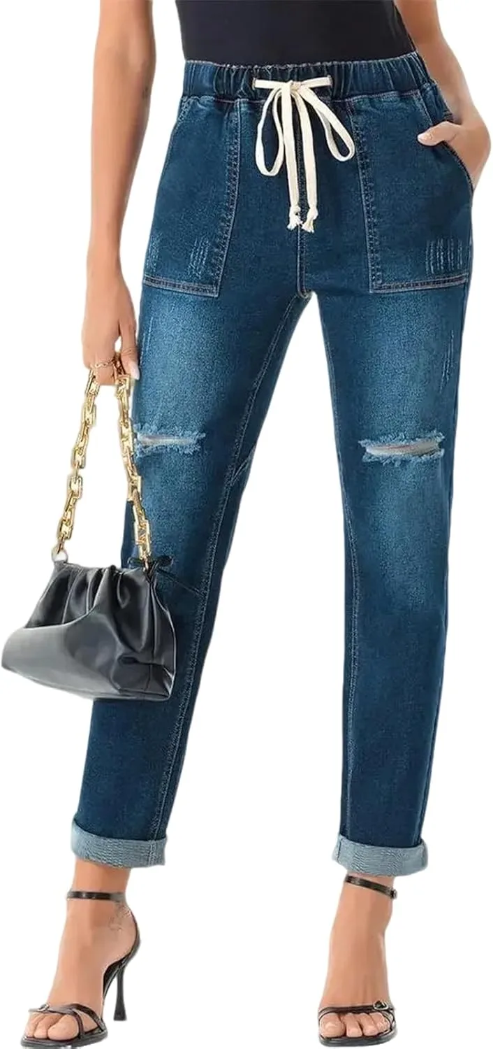 

Женские джинсы с эластичным поясом и прямыми штанинами