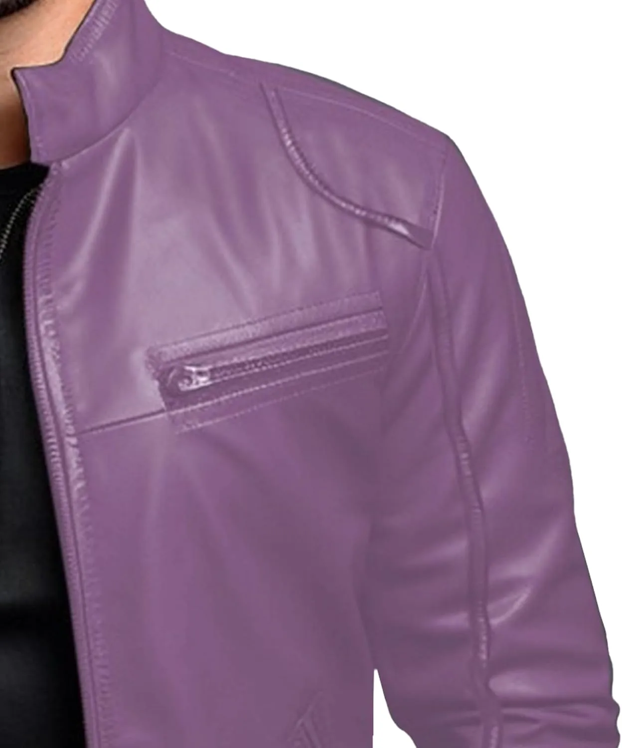 Мужская однотонная кожаная куртка, приталенный крой, мотоциклетная кожаная куртка, легкая куртка из искусственной кожи в винтажном байкерском стиле Generic, фиолетовый — фото 4