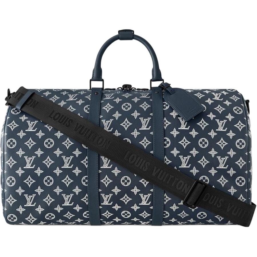 

Сумка Keepall из ткани с покрытием и кожи Monkey, сумка через плечо, сумка через плечо, дорожная сумка для мужчин LOUIS VUITTON, Ink Blue & White