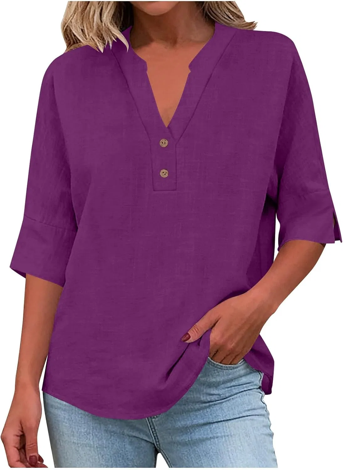 Женская блуза из хлопка и льна, Casual Henley, фиолетовый