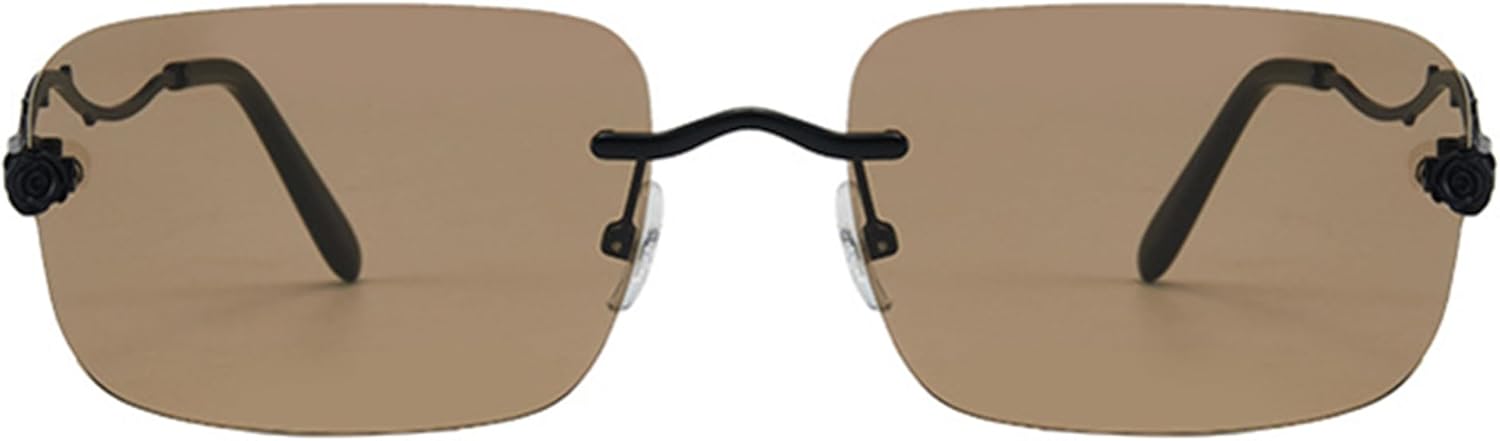 

bullabulling Ретро солнцезащитные очки 90-х годов, прямоугольные, без оправы, для мужчин и женщин, модные, с дужками в виде розы, без оправы, с тонированными линзами, Tea Black