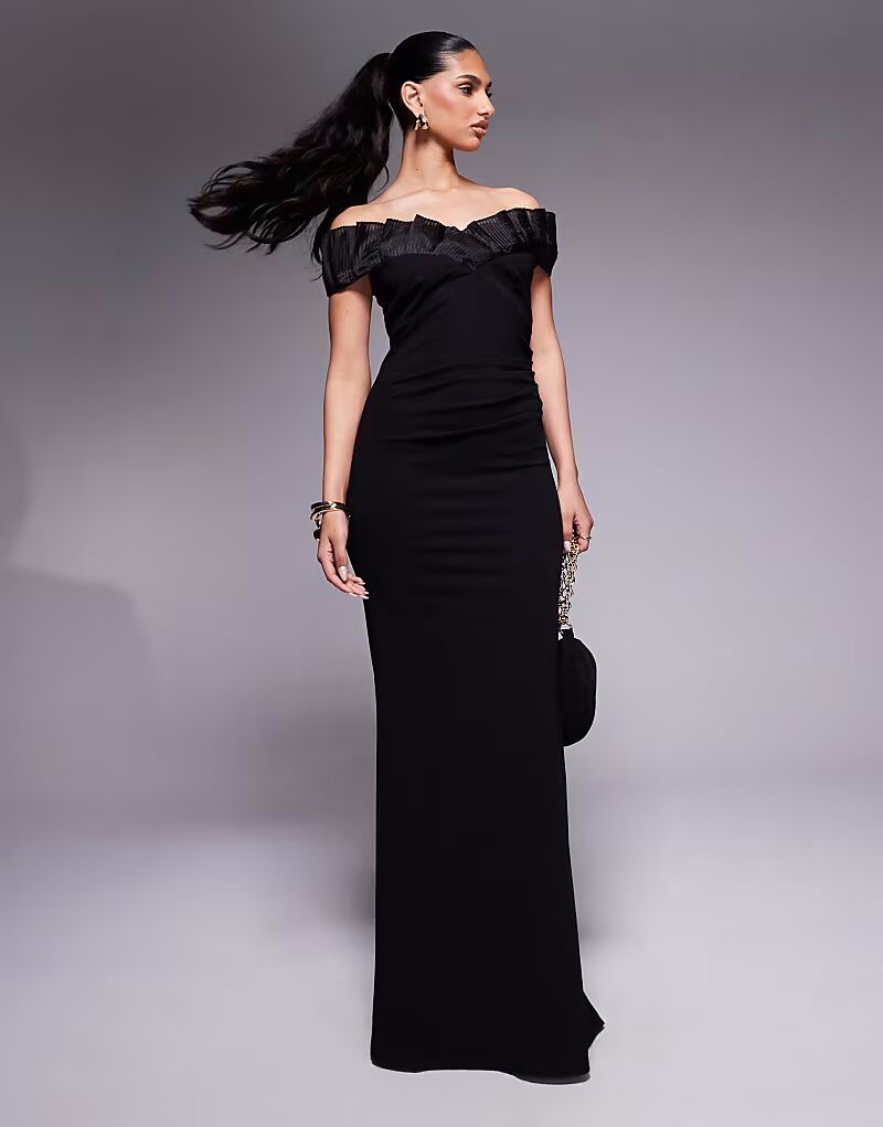 

Платье макси Goddiva Fan с плиссировкой и вырезом-бардо из крепа-скуба черного цвета