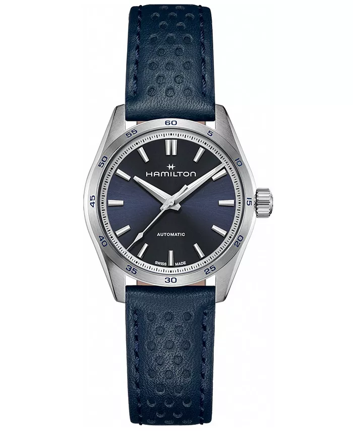 

Женские автоматические часы Swiss Jazzmaster Performer с синим кожаным ремешком, 34 мм Hamilton