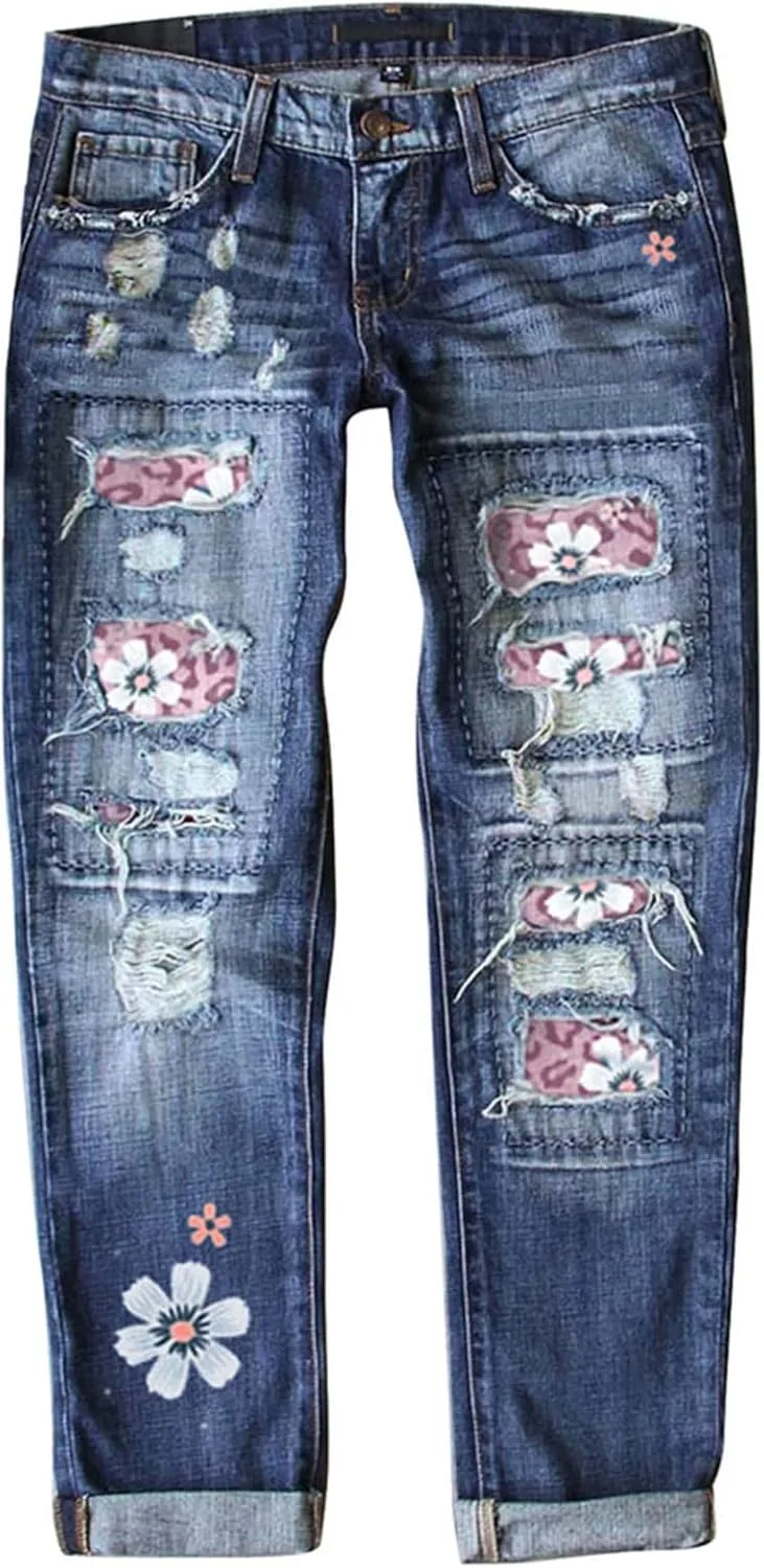 

Женские джинсы с заплатками и потертостями, высокие, с принтом подсолнуха ZWRXW