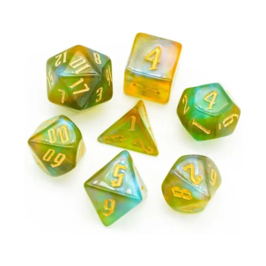 

Набор XL Poly — зеленое и золотое заклинание с золотом (7), Dice Sets - Resin/Acrylic - Rainbow & Multi-Colored (Foam Brain Games)