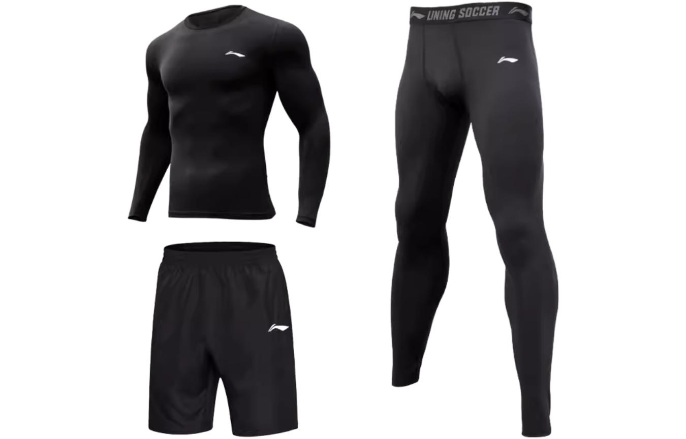 

Мужской спортивный костюм Li Ning с круглым вырезом, умеренный крой., [fleece-lined three-piece set]fleece-lined черный long-sleeved+fleece-lined черный pants+shorts