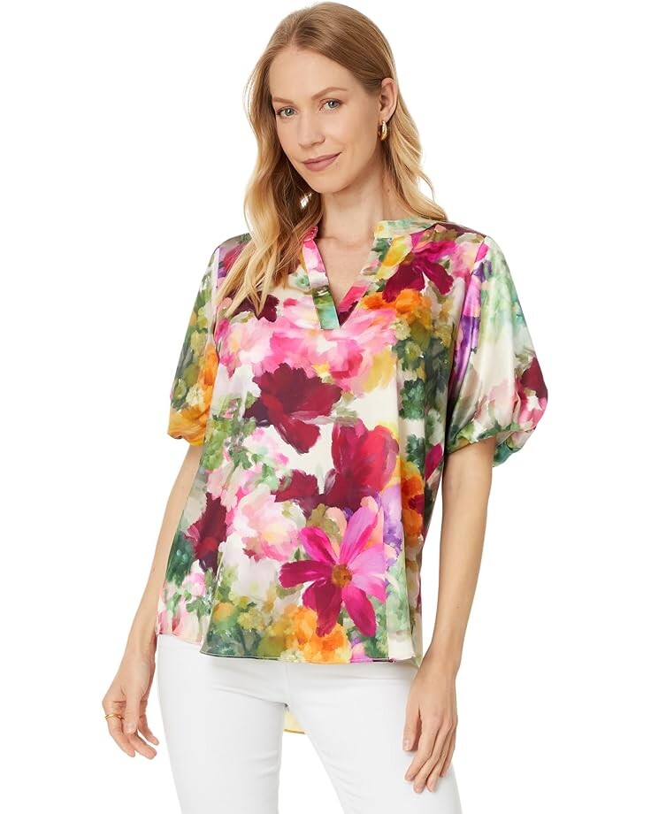 

Рубашка Vince Camuto Crew Neck Short Puff Sleeve Top With Neck Placket, цвет Antique White