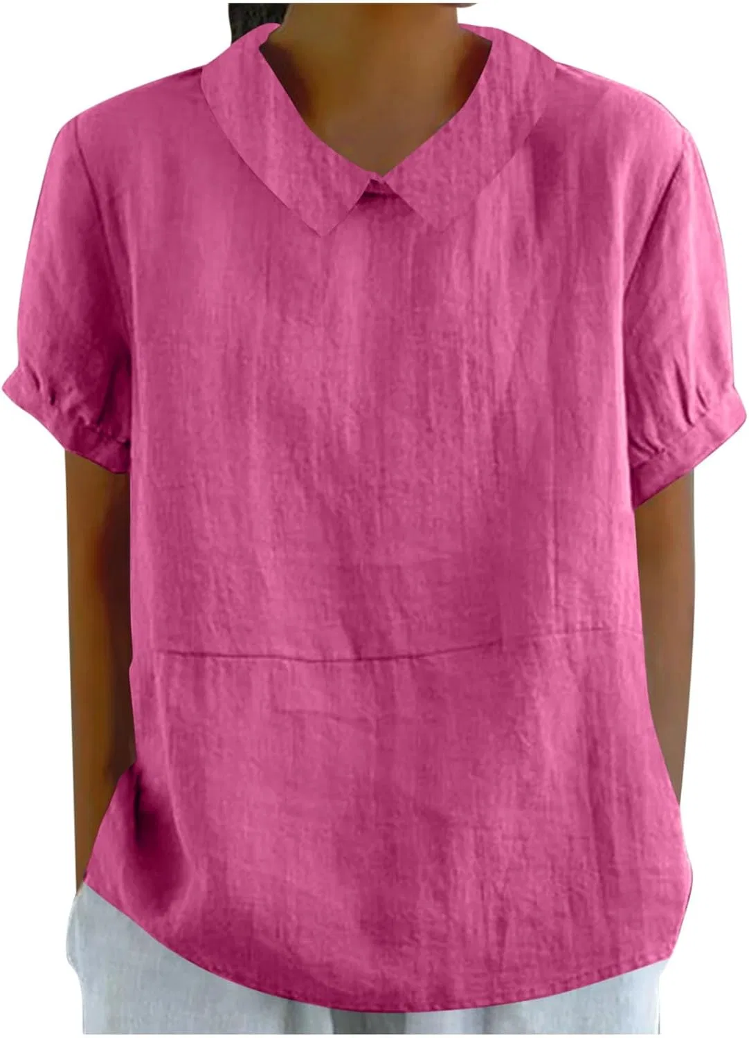 Футболка с воротником из хлопка и льна, Plus Size, Hot Pink